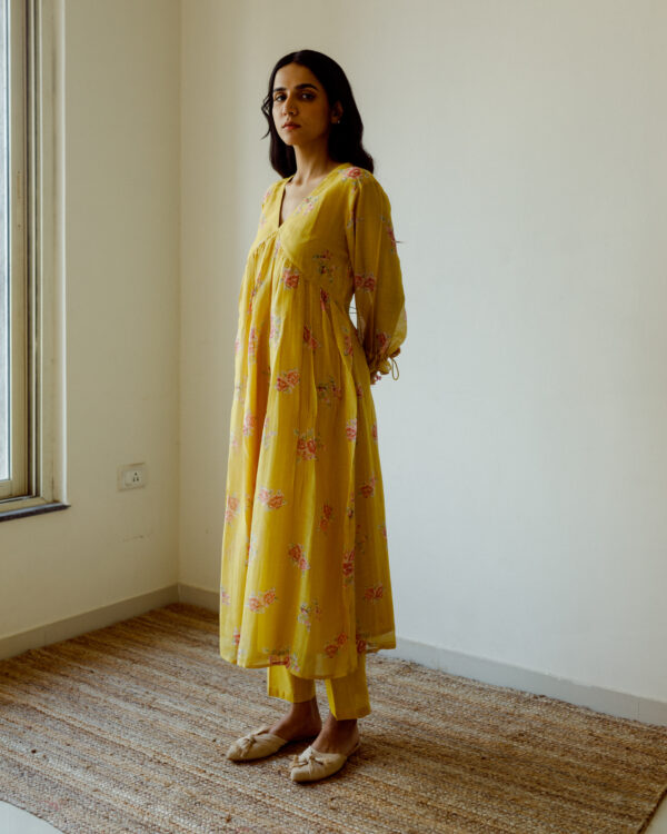 Juanita- Handwoven chanderi ochre rose printed front gather tunic