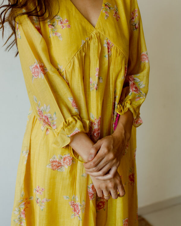 Juanita- Handwoven chanderi ochre rose printed front gather tunic