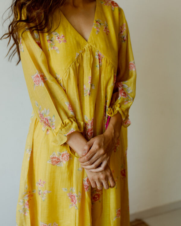 Juanita- Handwoven chanderi ochre rose printed front gather tunic