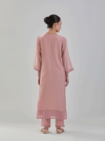 Juanita- Handwoven Chaderi old rose color block comfort fit kurta set