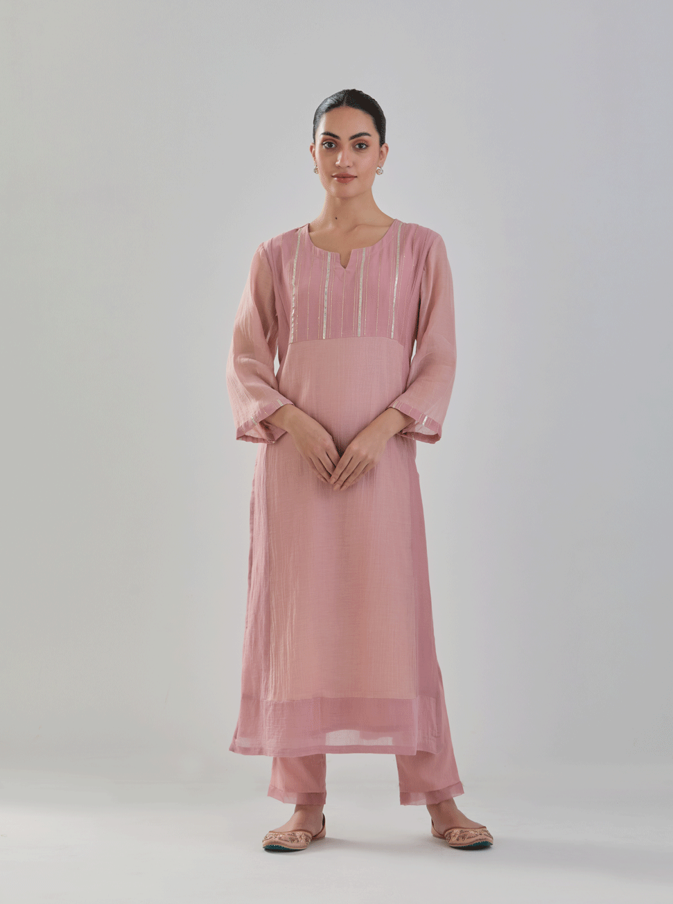 Juanita- Handwoven Chaderi old rose color block comfort fit kurta set