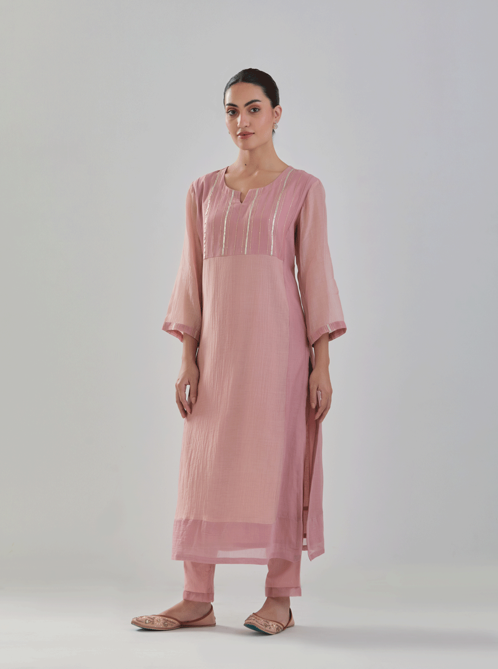 Juanita- Handwoven Chaderi old rose color block comfort fit kurta set