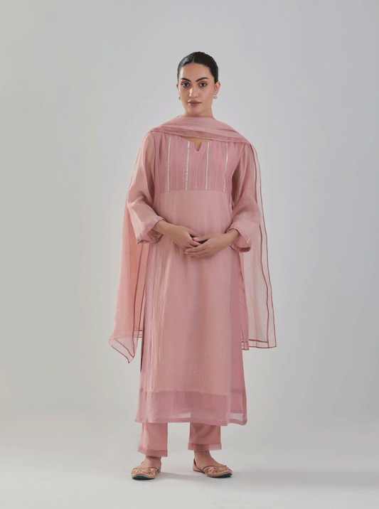 Juanita- Handwoven Chaderi old rose color block comfort fit kurta set