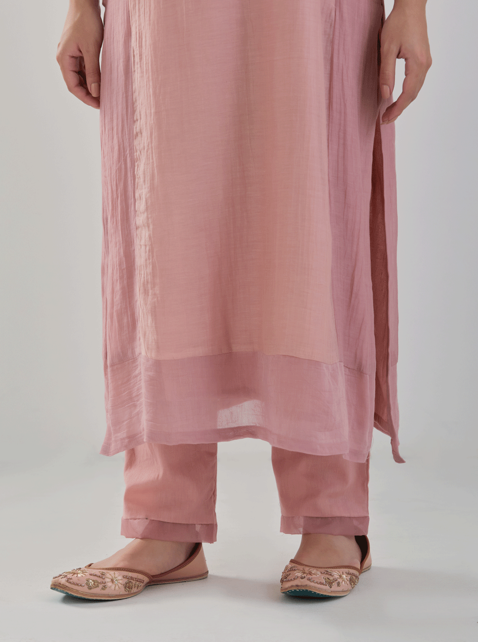 Juanita- Handwoven Chaderi old rose color block comfort fit kurta set