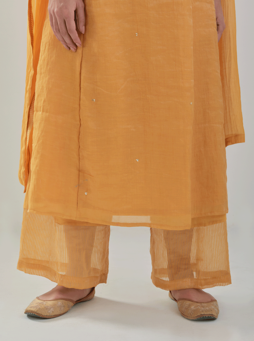 Juanita- Handwoven ochre comfort fit chanderi tissue set with detailing of zari resham