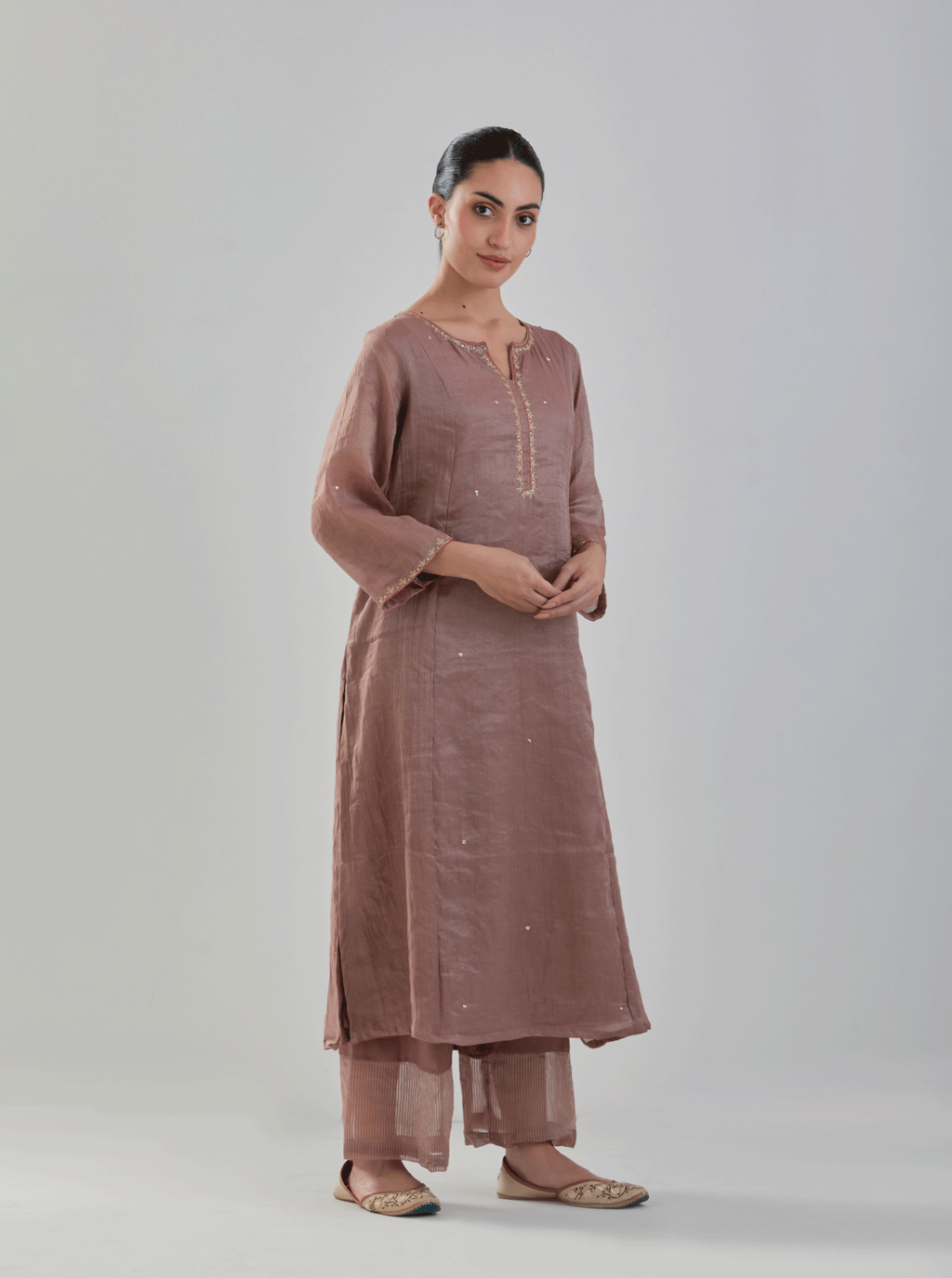 Juanita- Handwoven brown comfort fit chanderi tissue set with detailing of zari resham hand embroidery