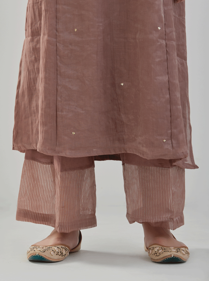 Juanita- Handwoven brown comfort fit chanderi tissue set with detailing of zari resham hand embroidery
