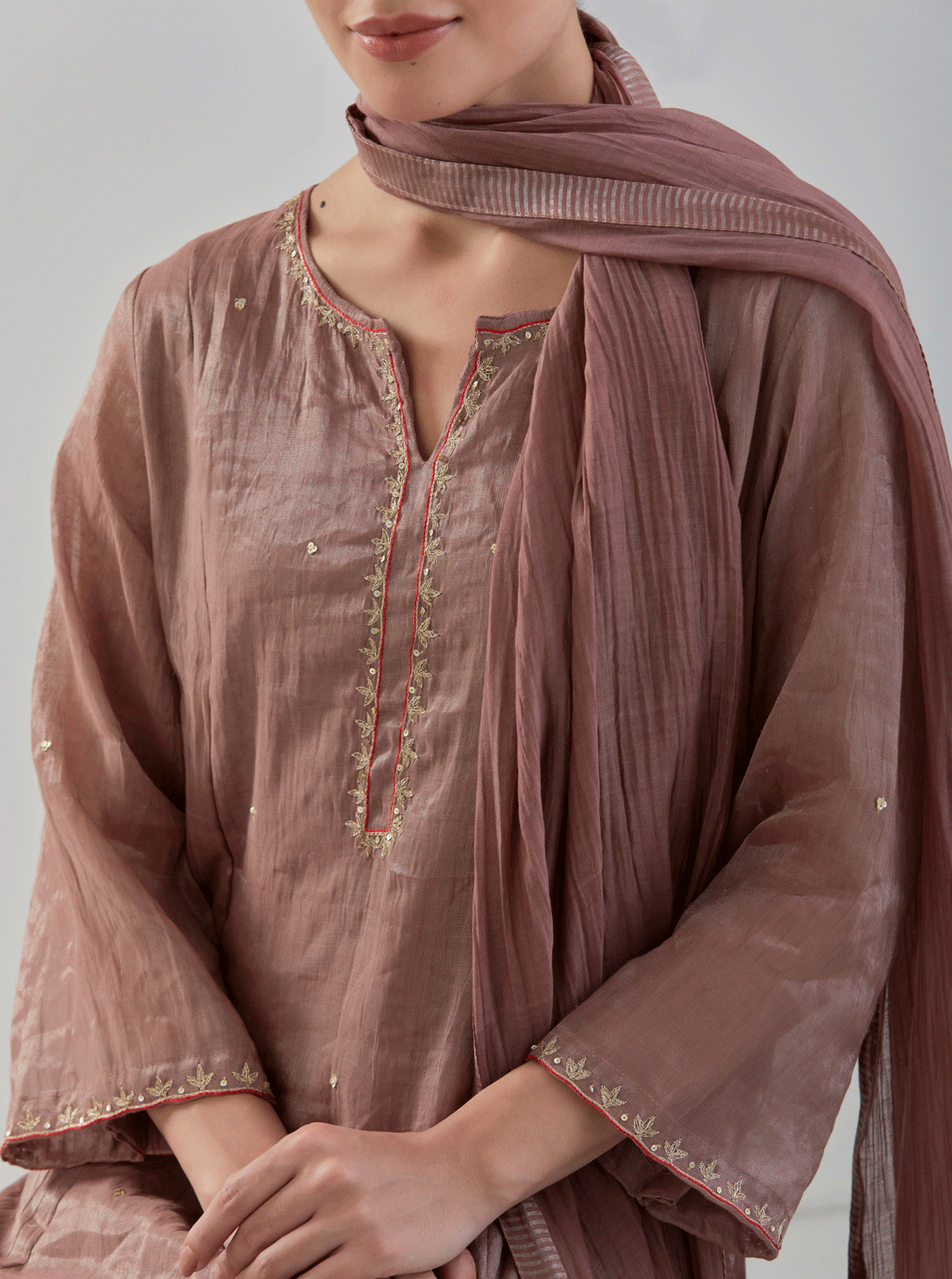 Juanita- Handwoven brown comfort fit chanderi tissue set with detailing of zari resham hand embroidery