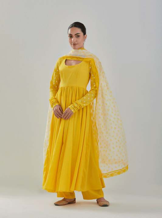 Juanita- Classic yellow gather style anarkali with gather sleeve and polka