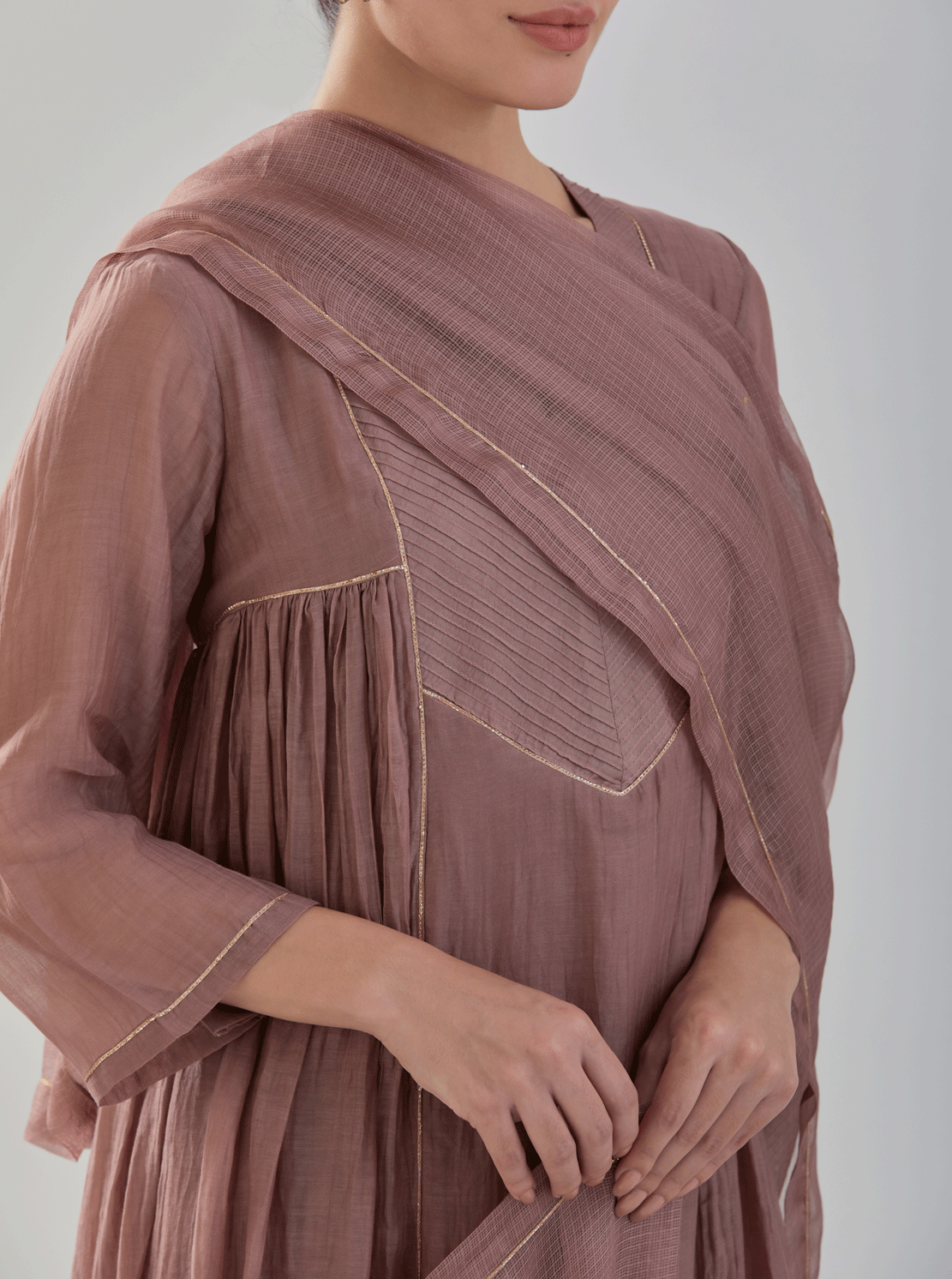 Juanita- Handwoven chanderi comfort fit brown color front tuck