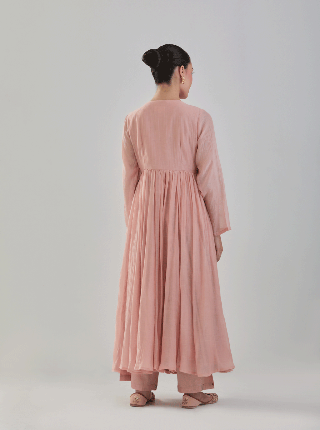 Juanita-Handwoven chanderi persian old rose front open anarkali with florette