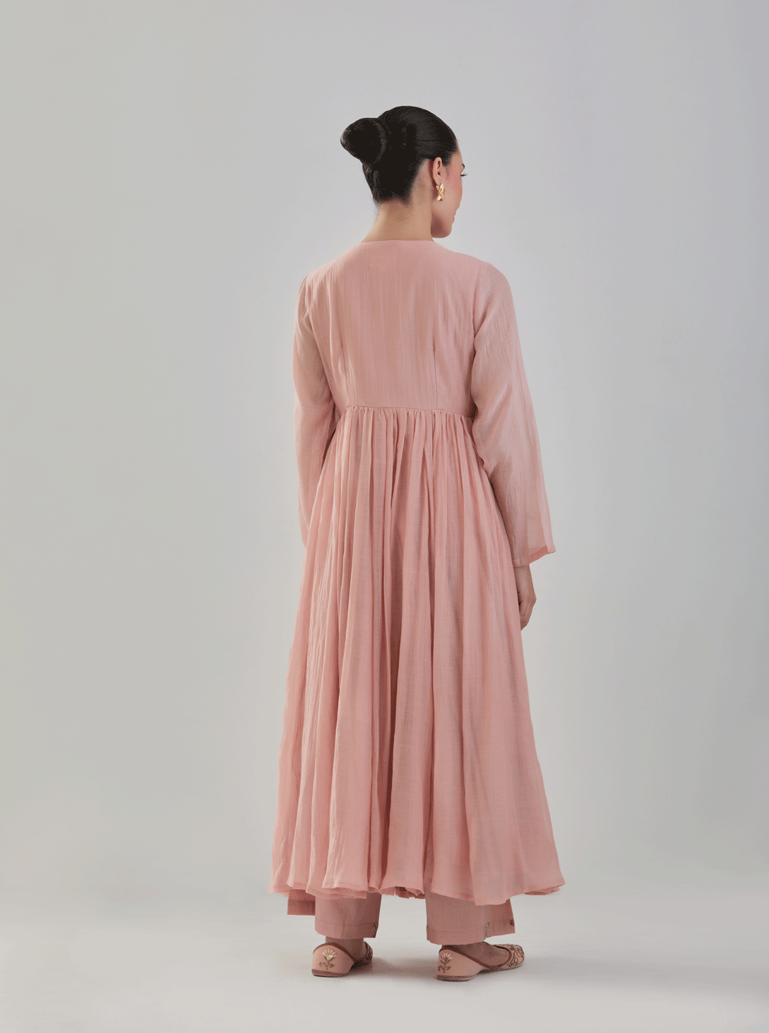 Juanita-Handwoven chanderi persian old rose front open anarkali with florette