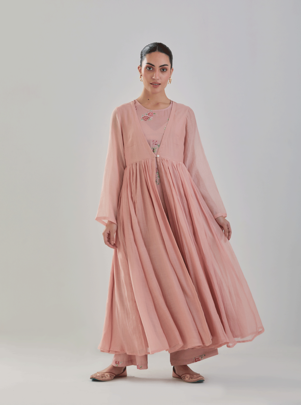 Juanita-Handwoven chanderi persian old rose front open anarkali with florette