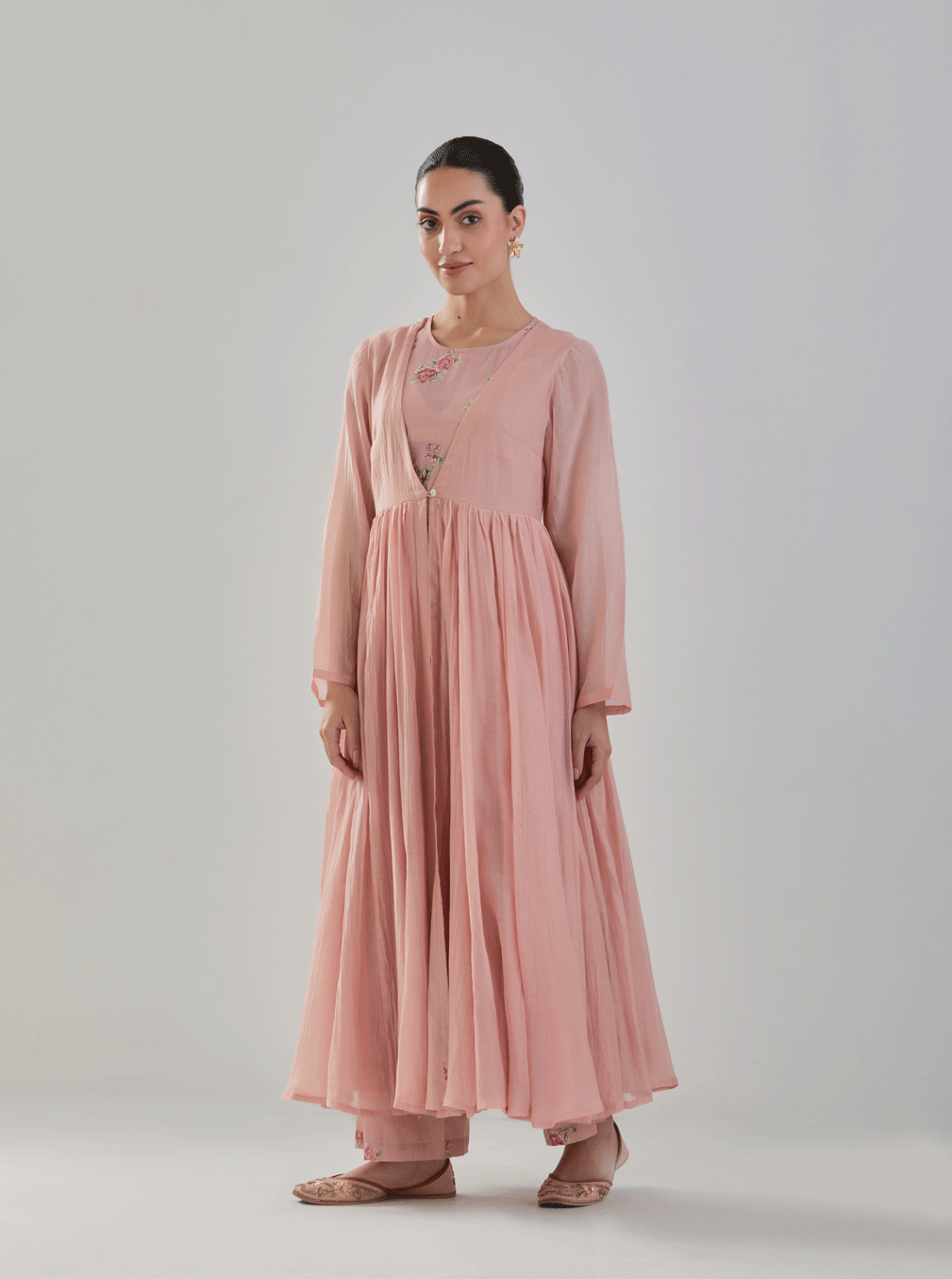 Juanita-Handwoven chanderi persian old rose front open anarkali with florette