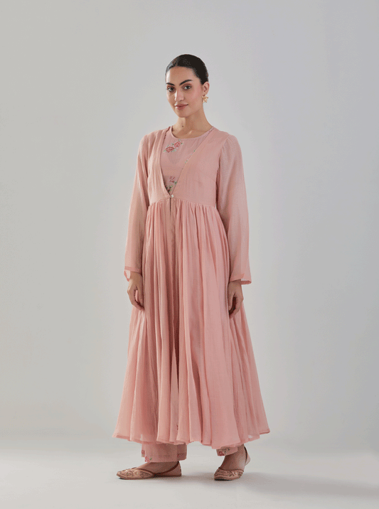 Juanita-Handwoven chanderi persian old rose front open anarkali with florette