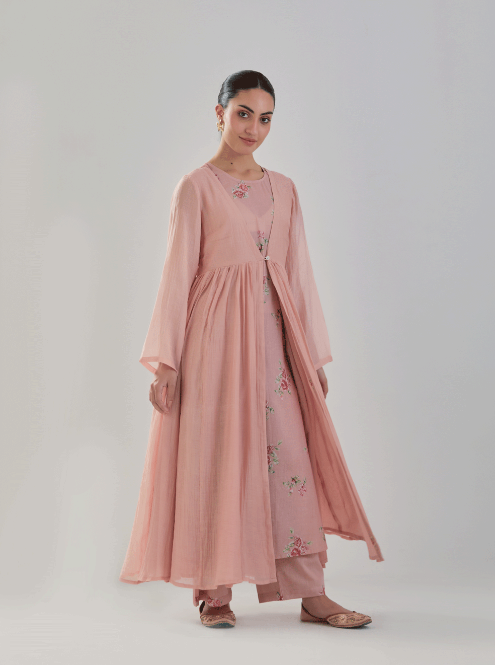 Juanita-Handwoven chanderi persian old rose front open anarkali with florette