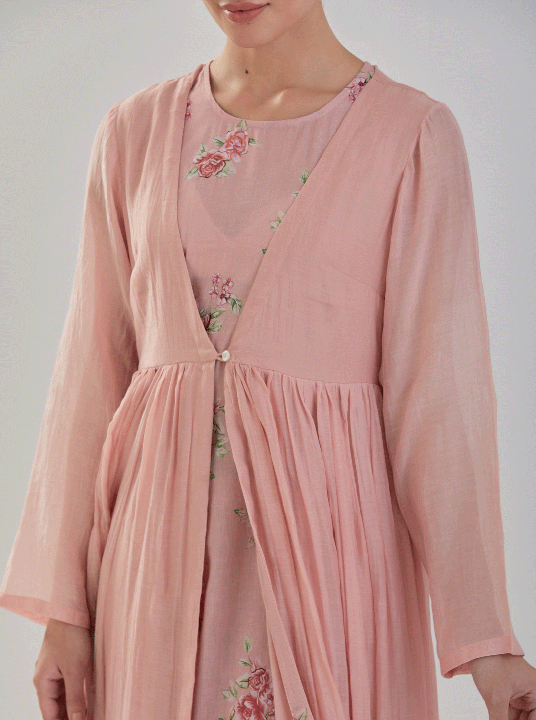 Juanita-Handwoven chanderi persian old rose front open anarkali with florette
