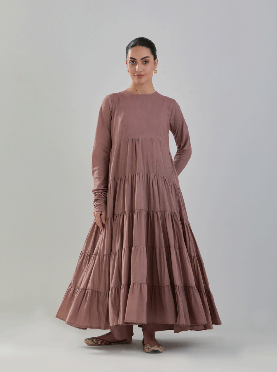 Juanita- Pure cotton brown color tiered anarkali