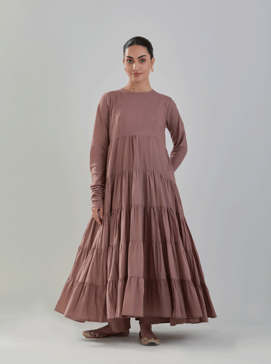 Juanita- Pure cotton brown color tiered anarkali