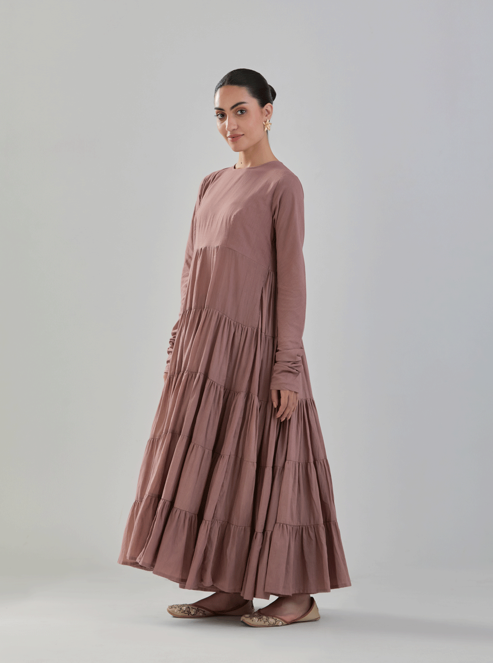 Juanita- Pure cotton brown color tiered anarkali