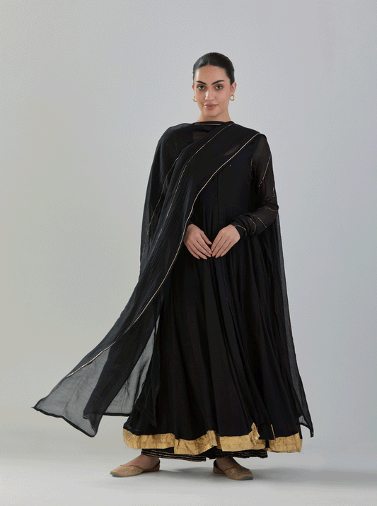 Juanita- Timeless black front open handwoven chanderi