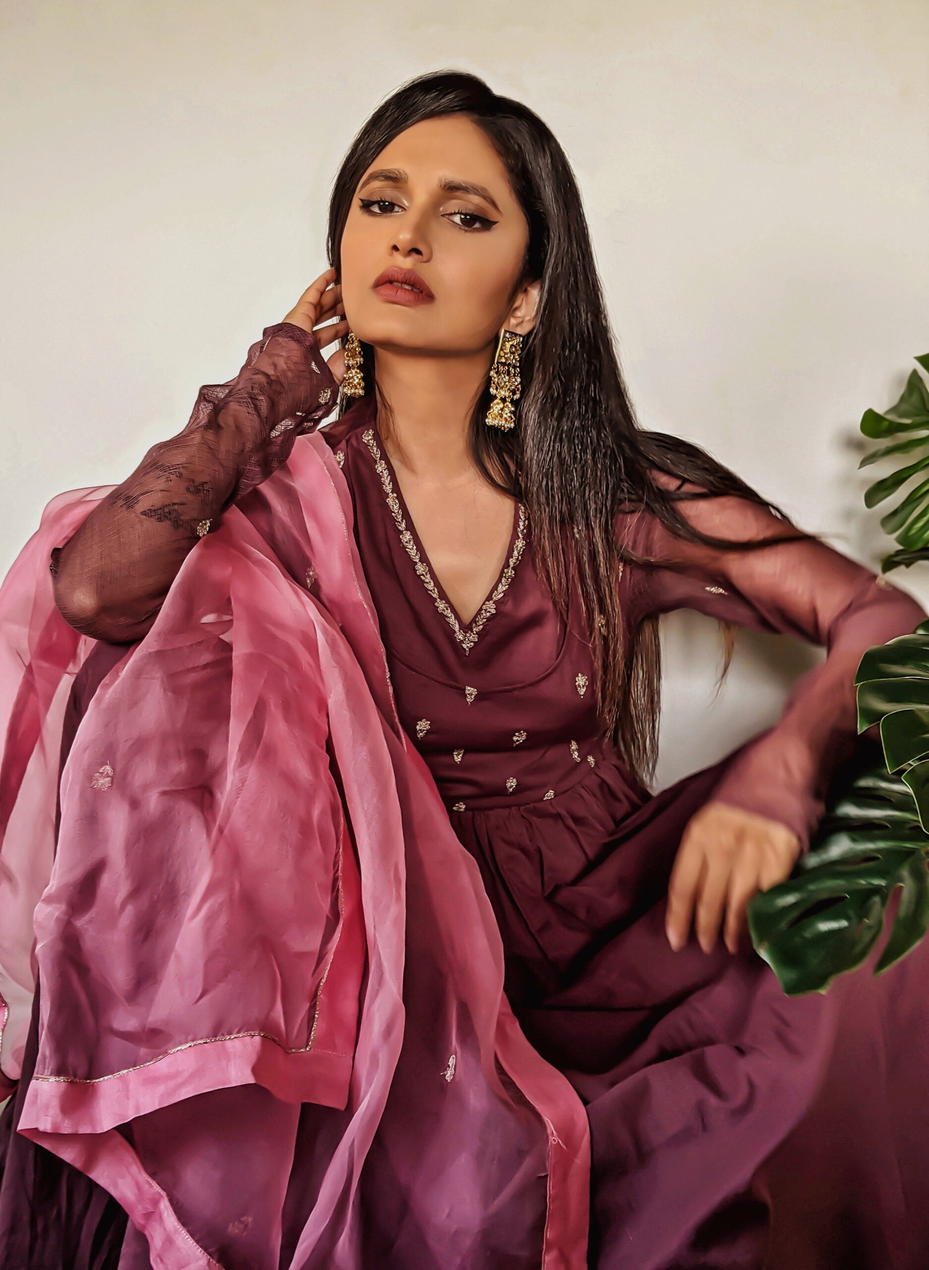 Juanita- wine and pink handloom cotton anarkali