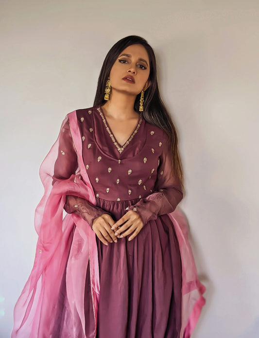 Juanita- wine and pink handloom cotton anarkali