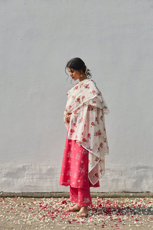 Juanita- Handwoven chnaderi comfort fit kurta in fuchsia color with embellishment