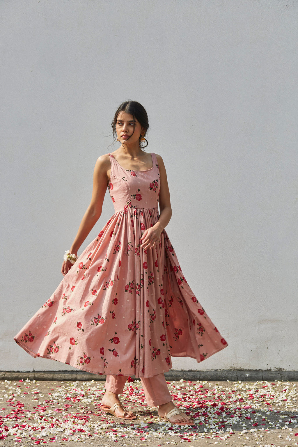 Juanita- Old rose comfort fit anarkali in cotton with embellishment