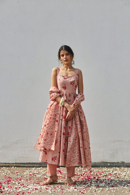 Juanita- Old rose comfort fit anarkali in cotton with embellishment