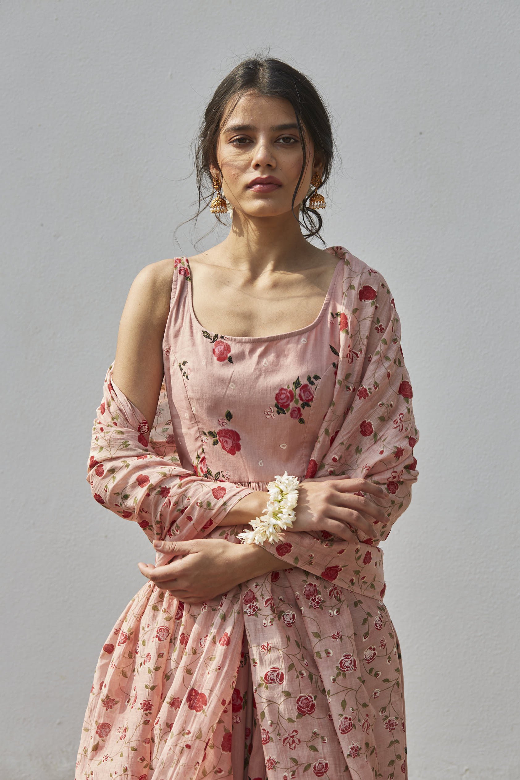 Juanita- Old rose comfort fit anarkali in cotton with embellishment
