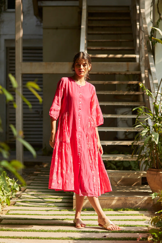 Juanita- Handwoven chanderi fuchsia color side tiered comfort fit dress
