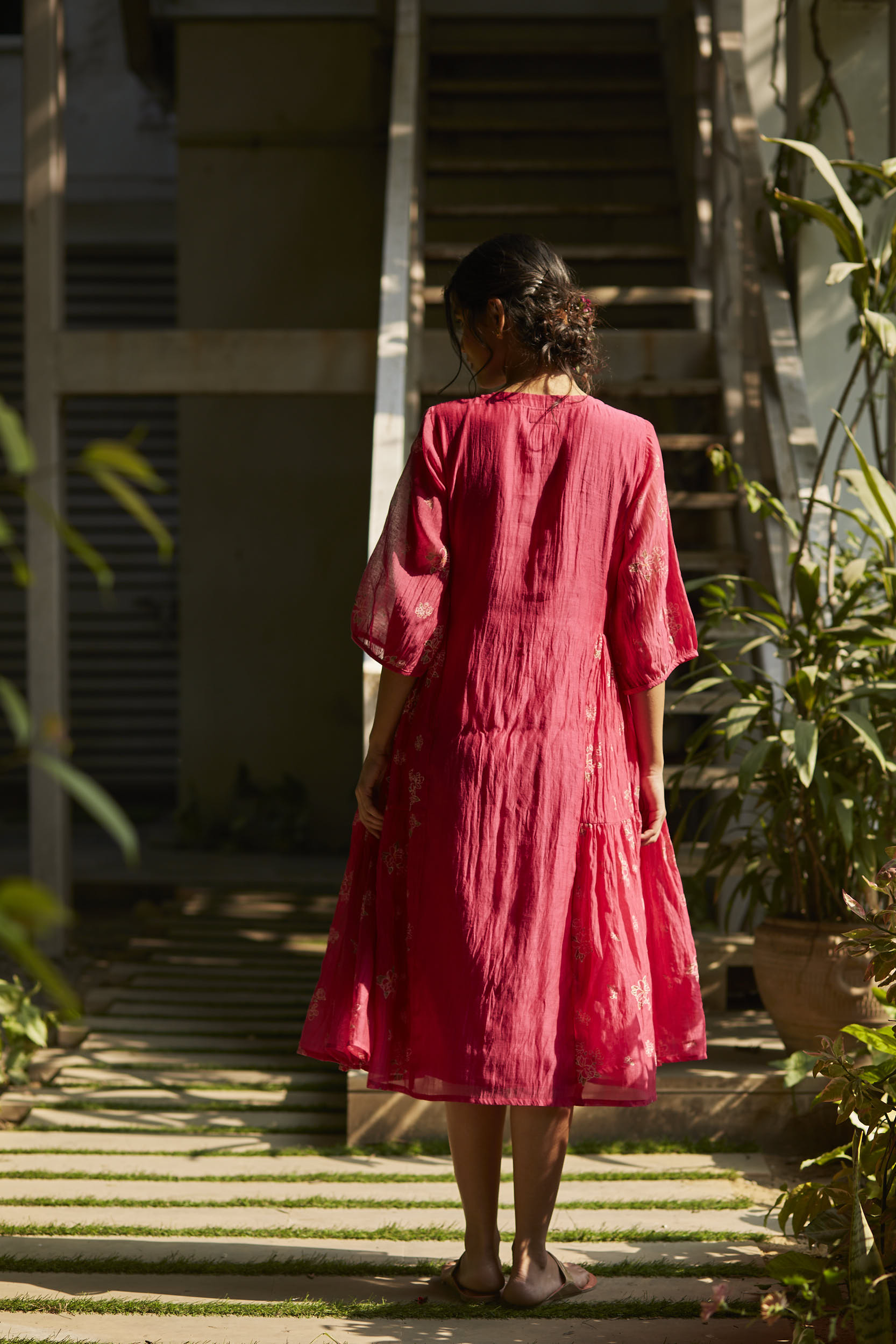 Juanita- Handwoven chanderi fuchsia color side tiered comfort fit dress