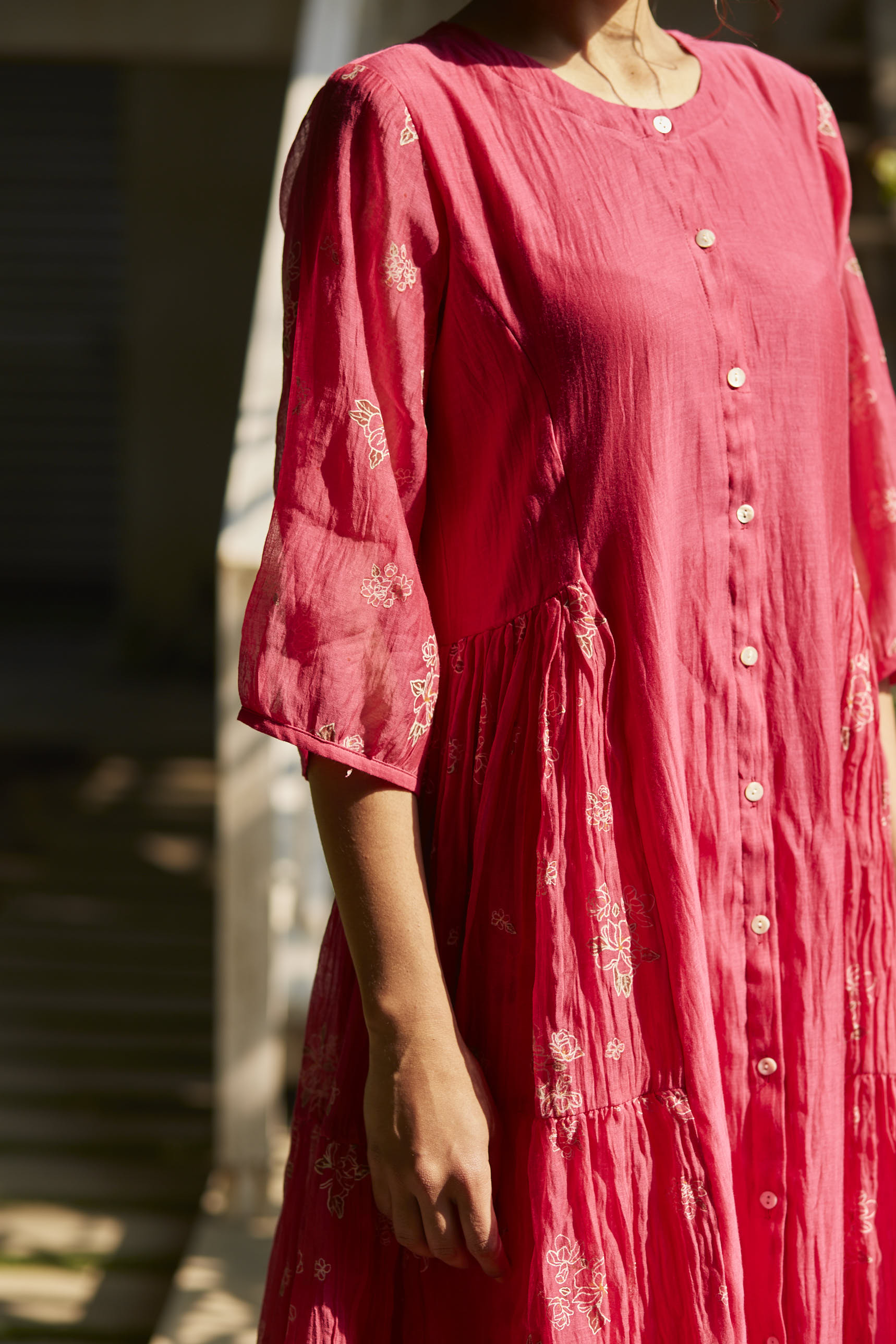 Juanita- Handwoven chanderi fuchsia color side tiered comfort fit dress