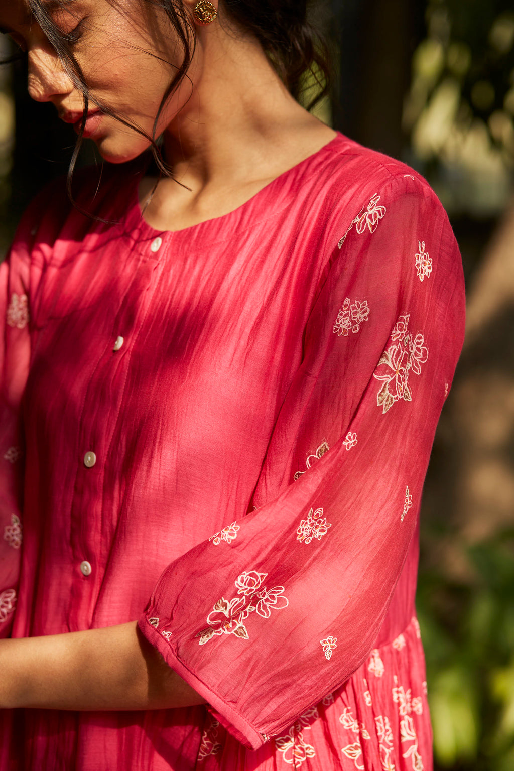 Juanita- Handwoven chanderi fuchsia color side tiered comfort fit dress