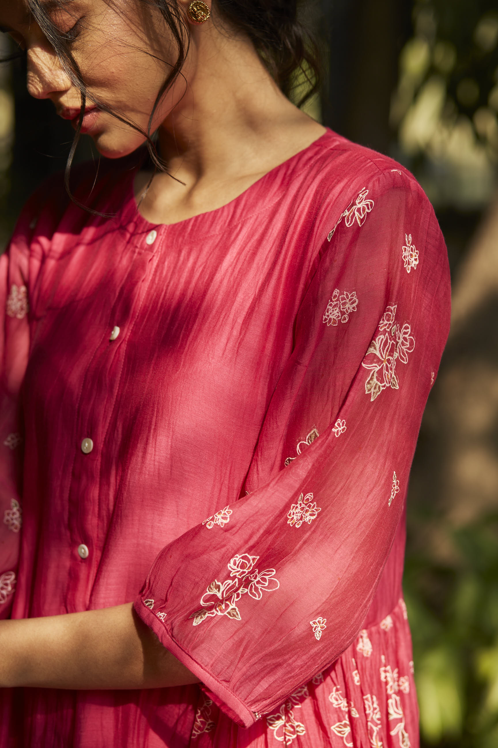 Juanita- Handwoven chanderi fuchsia color side tiered comfort fit dress