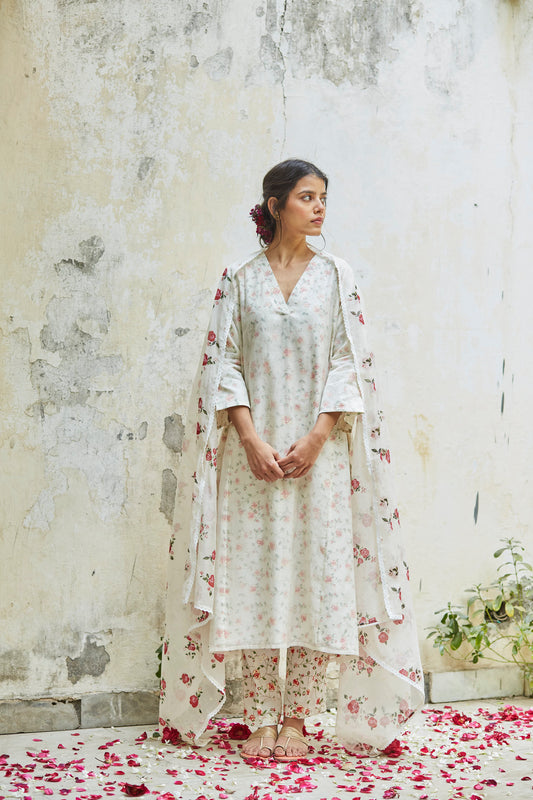 Juanita- Handwoven chanderi ivory comfort fit kurta set with embellishment