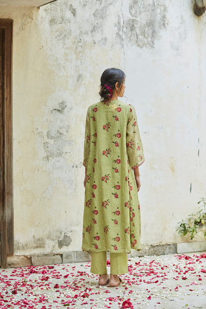 Juanita- Handwoven chanderi pista green comfort fit kurta set with embellishment