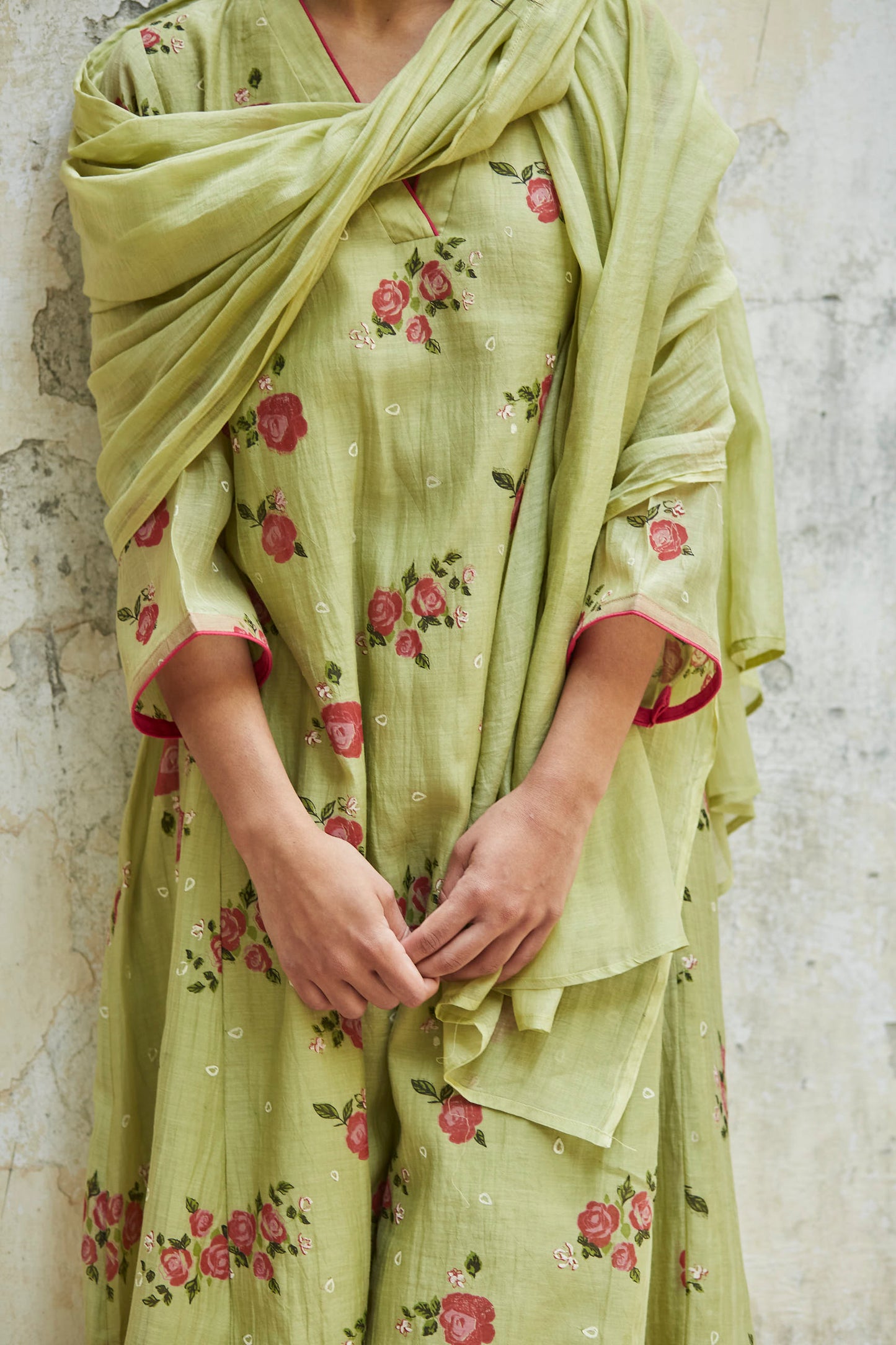 Juanita- Handwoven chanderi pista green comfort fit kurta set with embellishment