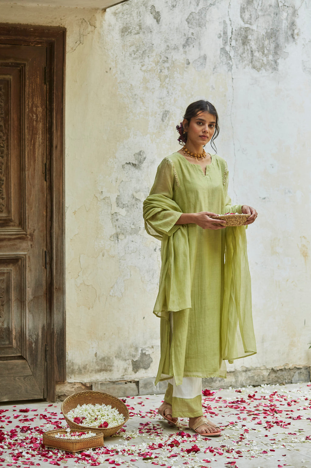 Juanita- Handwoven chandri pista green and ivory comfort fit kurta set