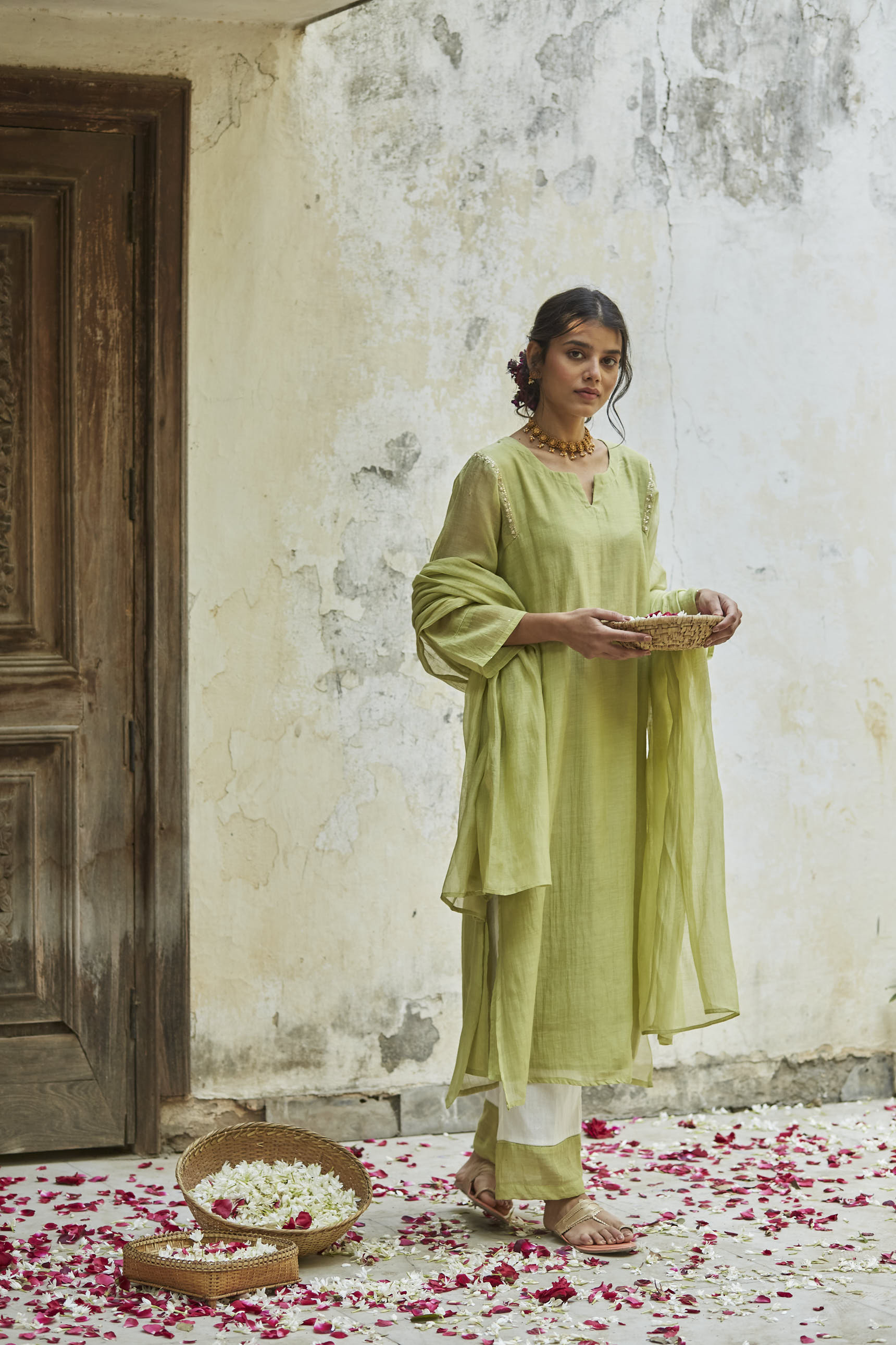 Juanita- Handwoven chandri pista green and ivory comfort fit kurta set