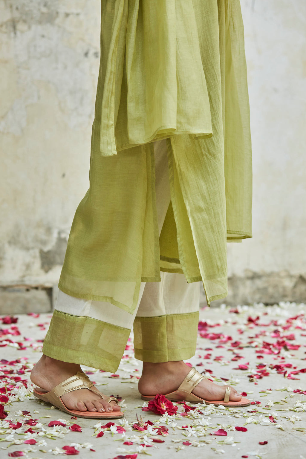 Juanita- Handwoven chandri pista green and ivory comfort fit kurta set