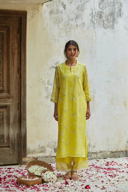 Juanita- Handwoven chanderi sunshine yellow comfort fit set with embellishment