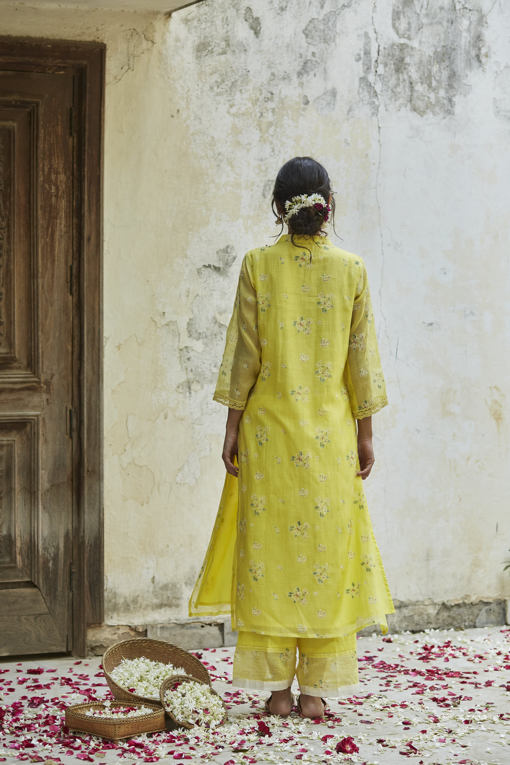 Juanita- Handwoven chanderi sunshine yellow comfort fit set with embellishment
