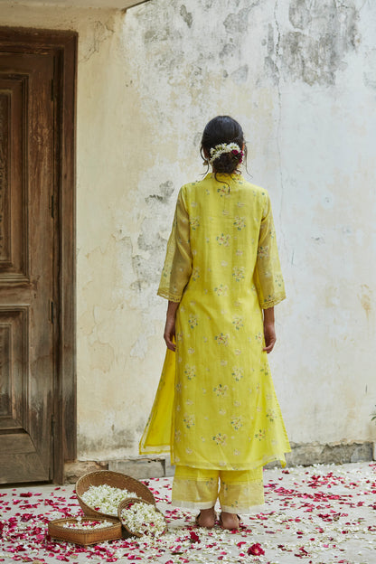 Juanita- Handwoven chanderi sunshine yellow comfort fit set with embellishment