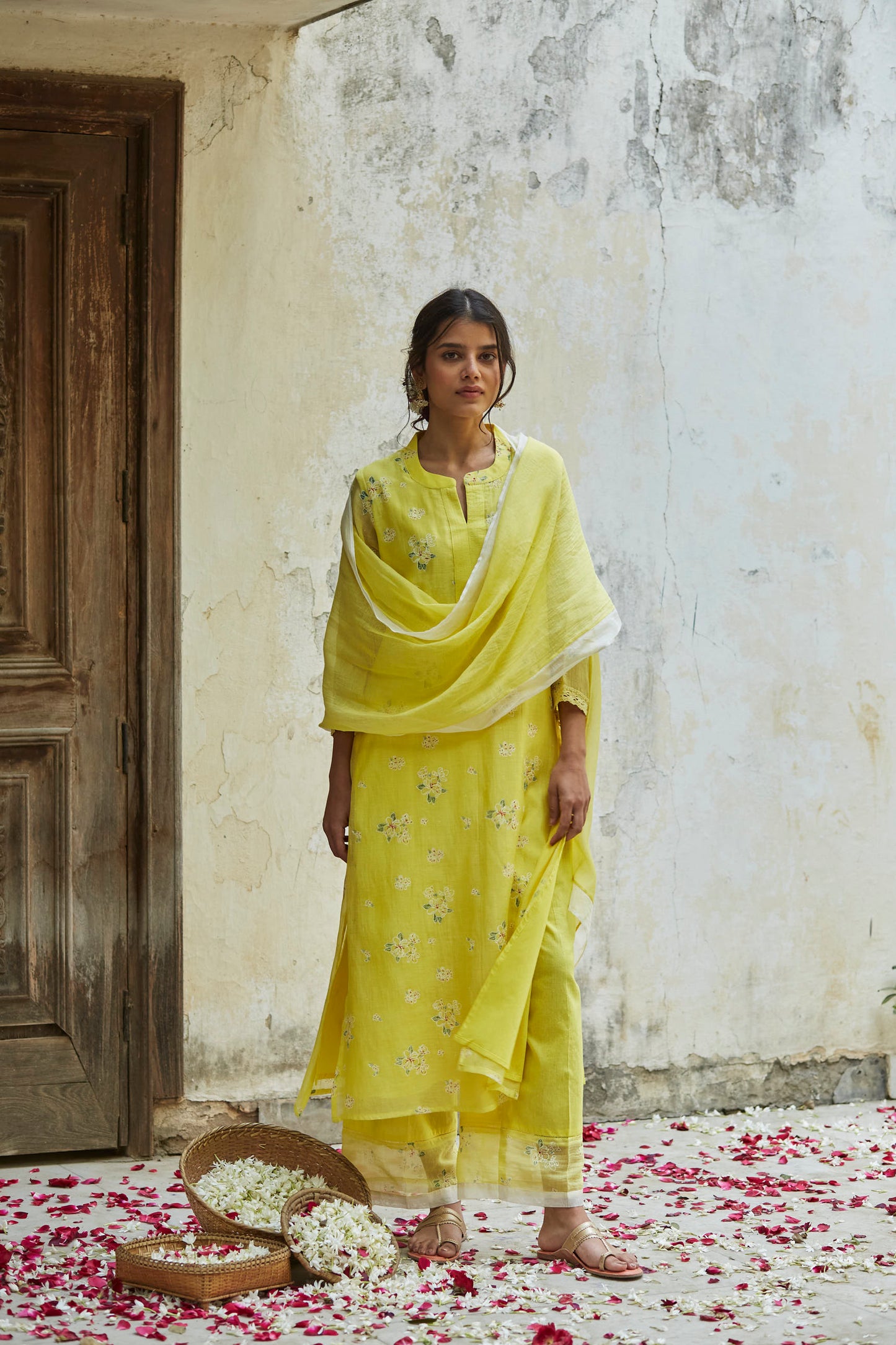 Juanita- Handwoven chanderi sunshine yellow comfort fit set with embellishment