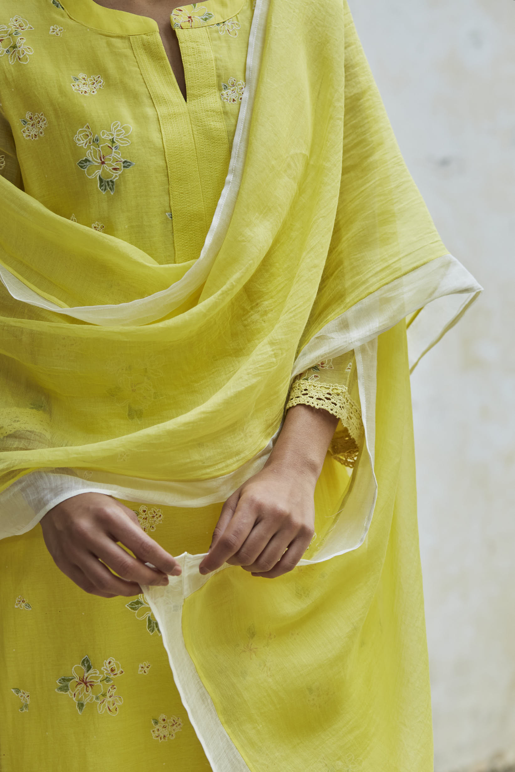 Juanita- Handwoven chanderi sunshine yellow comfort fit set with embellishment