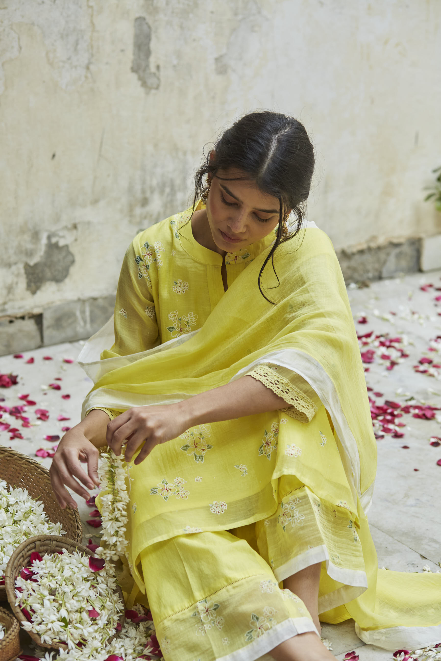 Juanita- Handwoven chanderi sunshine yellow comfort fit set with embellishment