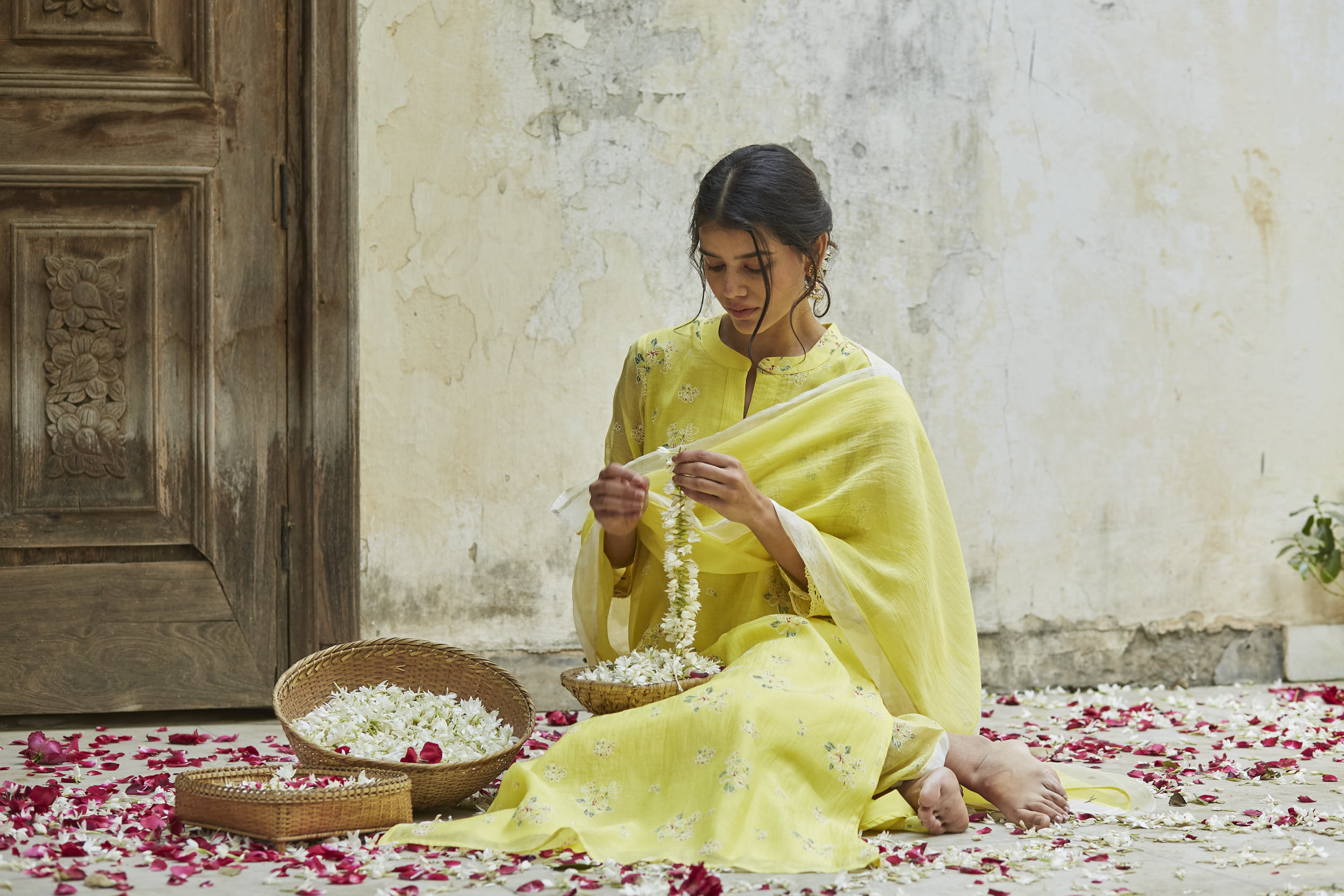Juanita- Handwoven chanderi sunshine yellow comfort fit set with embellishment
