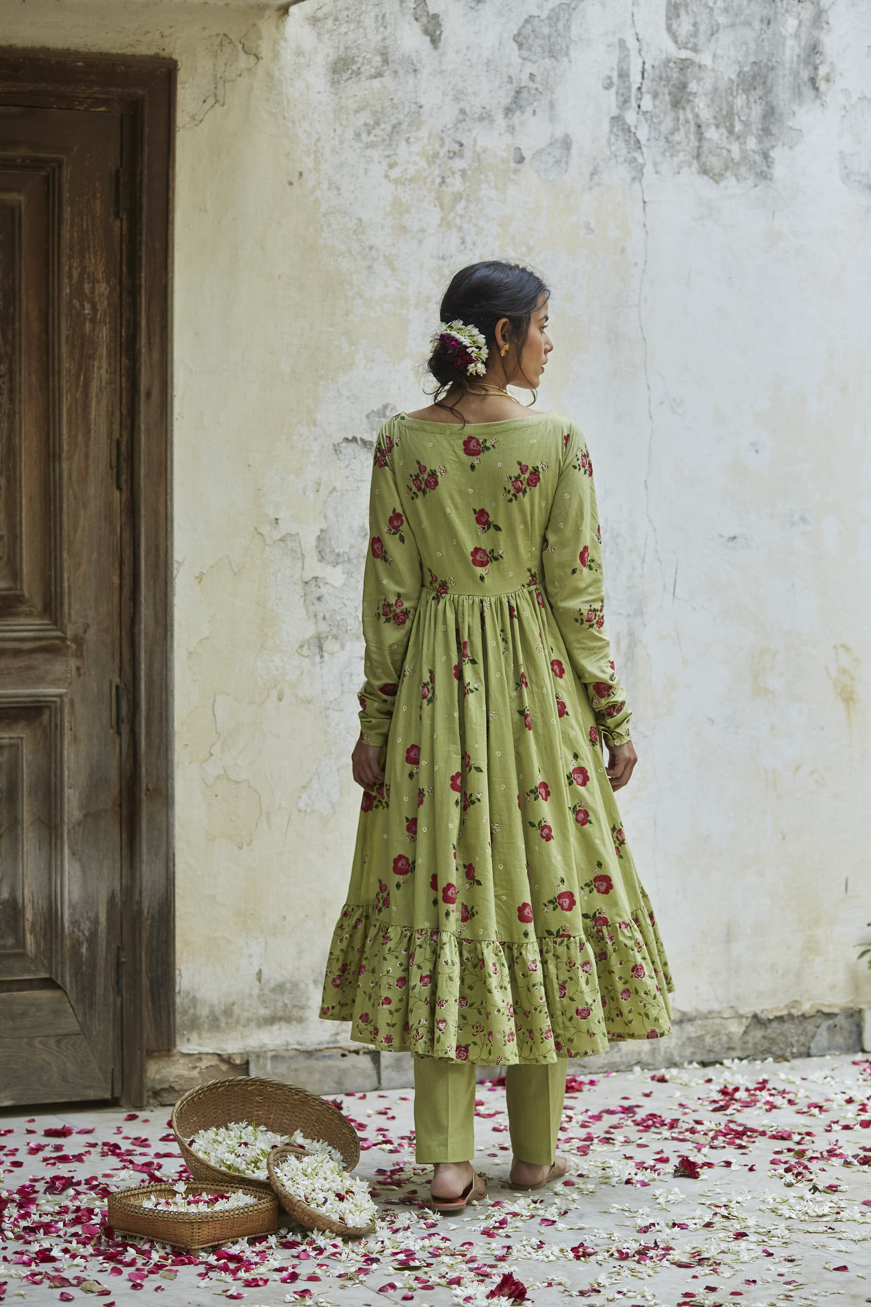 Juanita- Pista green cotton gather anarkali set with embellishment